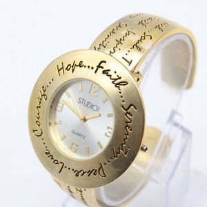 Vintage Studio Time Cuff Watch Womens Bronze Tone Steel Classic Silver Round Dia